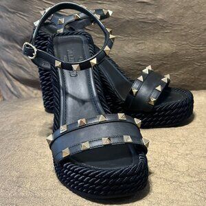 Valentino Garavani Rockstud Black Leather Wedge Sandals Ankle Strap EU 37.5